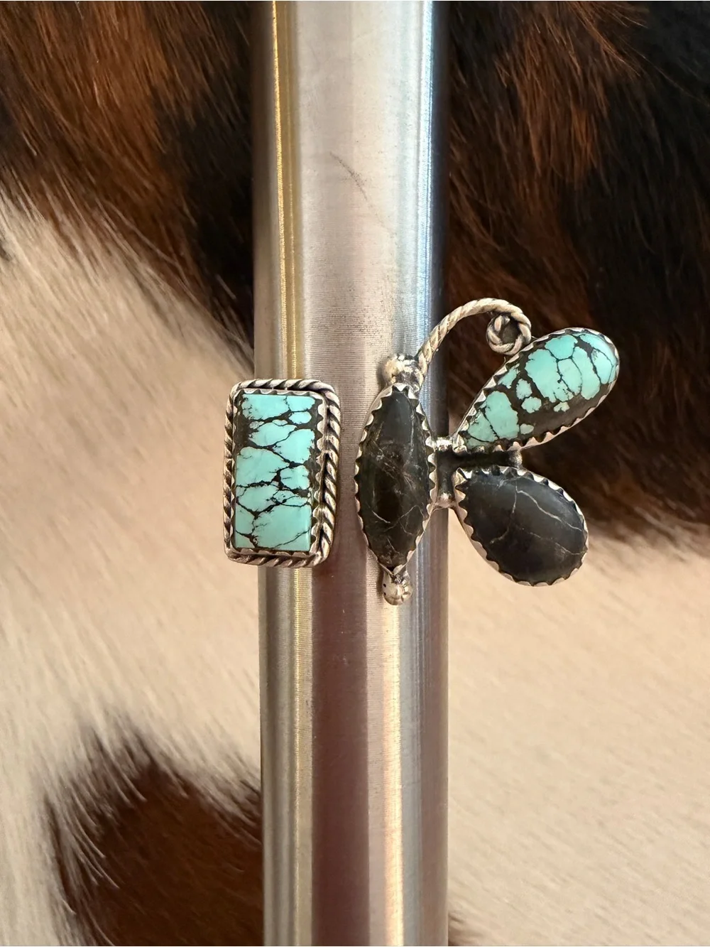 ❤️ Rare Blue Moon Butterfly Turquoise Sterling 925 Floater Ring Adjustable 7.5+